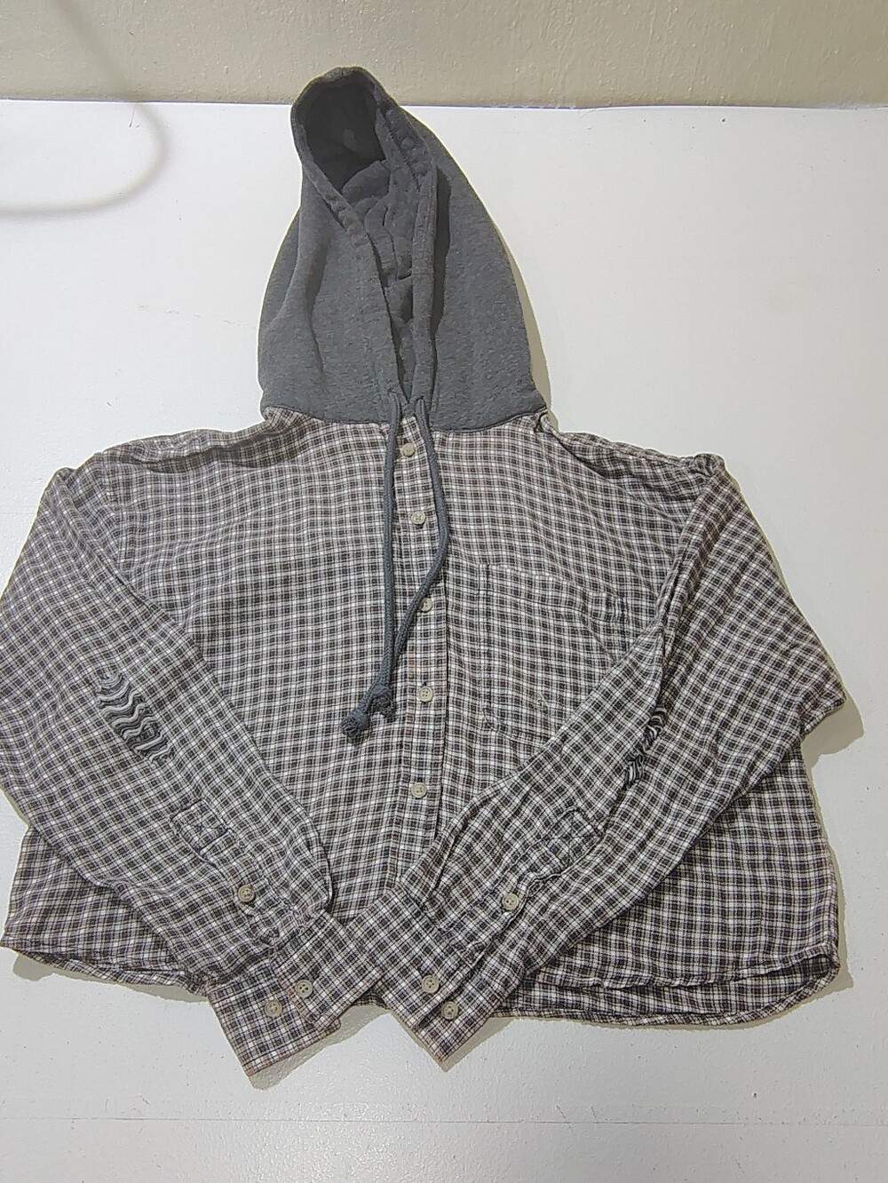 American Eagle Outfitters Cropped Plaid Hoodie Flannel Button Down Shirt Small